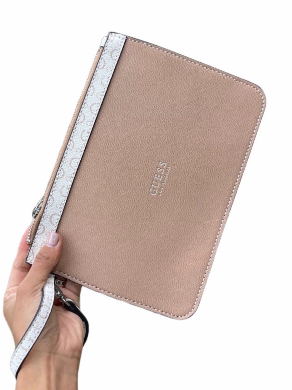 GUESS Blush Tan Wristlet with White Monogram Strap